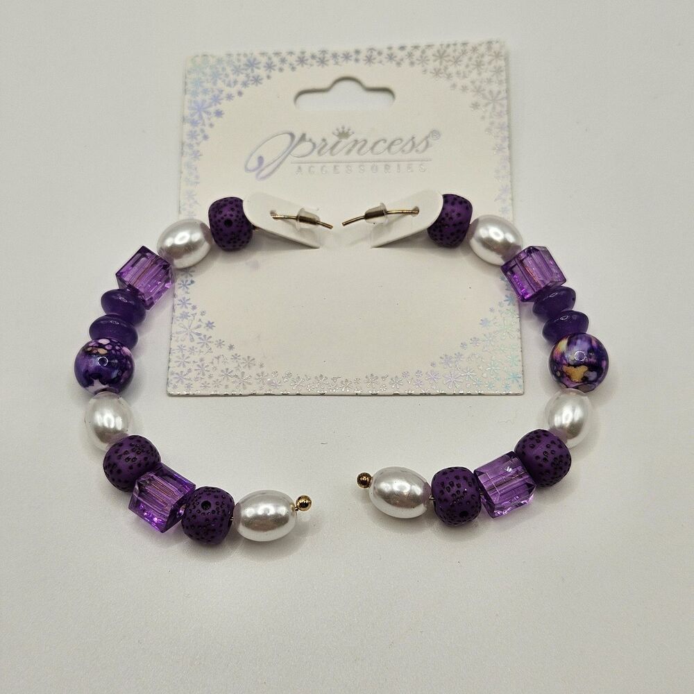 Princess Accessories Purple Beaded Hoop Earrings Faux Pearl Acrylic Statement...